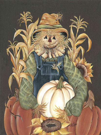 Michele Musser MM361 - MM361 - Harvest Gathering Scarecrow - 12x16 scarecrow in overalls, autumn pumpkins, sunflowers, corn stalks, fall harvest theme, rustic textures, Halloween decor from Penny Lane