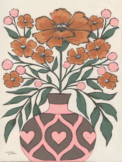 Michele Norman MN419 - MN419 - Flowers for Mom - 12x16 folk art floral bouquet, orange flowers, pink berry accents, heart pattern vase, whimsical botanical painting, hand painted flowers, decorative still life, feminine floral art, stylized leaves, cottagecore palette, rustic floral arrangement, acrylic brushwork from Penny Lane