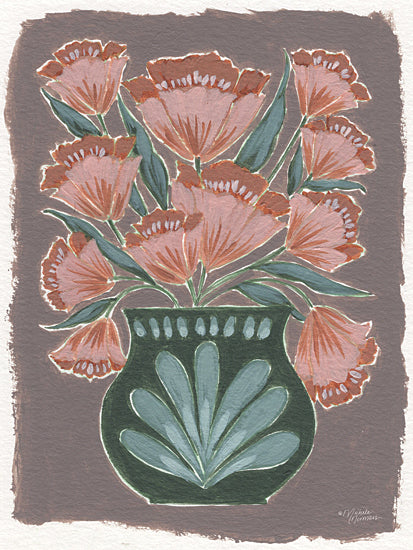 Michele Norman MN420 - MN420 - Fall Folk Art - 12x16 pink floral bouquet, green vase, stylized blossoms, folk art flowers, charcoal gray background, decorative botanical painting, whimsical floral arrangement, hand painted petals, cottage style wall art, still life floral, feminine decor, painterly texture from Penny Lane