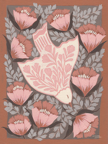 Michele Norman MN421 - MN421 - Floral Flight - 12x16 butterfly floral painting, pink moth, terracotta flowers, symmetrical folk art, decorative insect art, botanical pattern, whimsical nature painting, feminine wall decor, hand painted butterfly, cottagecore design, stylized leaves and blossoms, painterly illustration from Penny Lane
