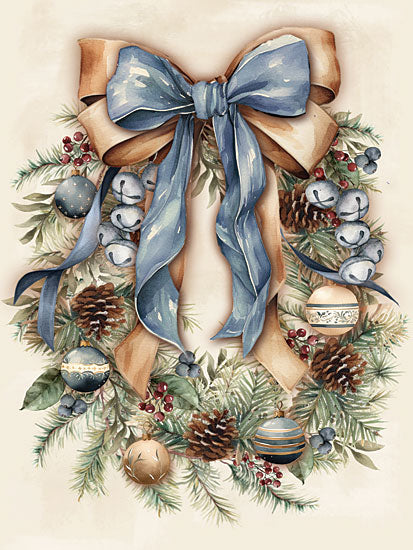 Mollie B. MOL2939 - MOL2939 - Dusty Blue Christmas Wreath - 12x16 christmas bells, blue ribbon bow, holiday greenery swag, watercolor ornaments, festive winter decor, pine branches and berries, traditional christmas illustration, elegant seasonal artwork, hanging bells, soft vintage holiday palette, painterly christmas design, decorative holiday print from Penny Lane
