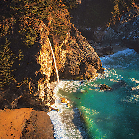 Martin Podt MPP1128 - MPP1128 - McWay Falls - 12x12 coastal waterfall, turquoise cove, ocean waves, rocky cliffs, seaside cascade, golden cliffs, dramatic shoreline, secluded beach, Big Sur style landscape, aerial coastal view, Pacific coast, natural wonder, scenic seascape, sunlit rocks, travel destination, crashing surf, oceanfront waterfall, rugged coast, nature photography, fine art coastal wall art from Penny Lane