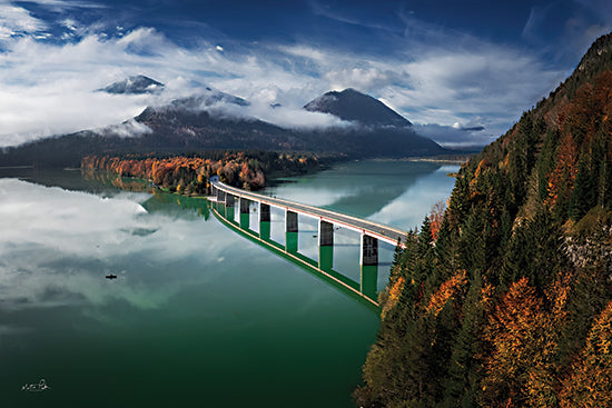 Martin Podt MPP1237 - MPP1237 - Bridge to Autumn - 18x12 landscape, holidays & seasonal, travel, lakes, trees, fall, architecture, mountains, bridge, autumn leaves, clouds, reflection, moody, photography, multicolor from Penny Lane