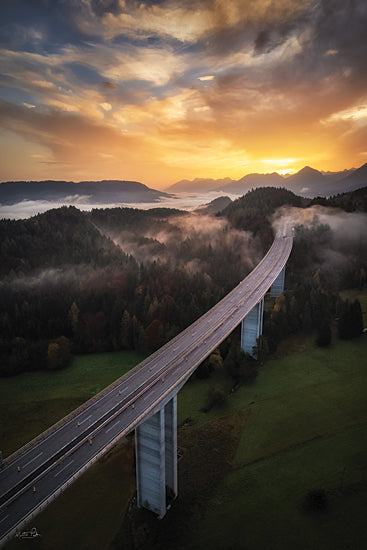Martin Podt MPP1238 - MPP1238 - Road to the Sun - 12x18 landscape, travel, country, trees, sky, transportation, architecture, bridge, highway, valley, fog, mist, sunrise, mountains, moody, photography, orange from Penny Lane