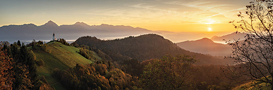 Martin Podt MPP1239 - MPP1239 - Sunrise in Slovenia - 36x12 landscape, holidays & seasonal, botanical, trees, fall, rural, sky, mountains, sunrise, autumn leaves, haze, forest, golden hour, moody, photography, orange from Penny Lane