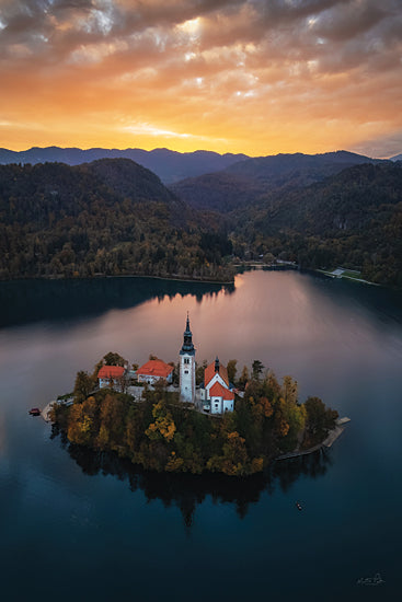 Martin Podt MPP1242 - MPP1242 - Church on Bled Island - 12x18 Lake Bled, island church, Slovenia landscape, sunset over lake, dramatic sky, mountain silhouettes, aerial lake view, red roof church, scenic European destination, reflective water, travel photography, iconic island chapel, twilight glow, serene lake setting, elevated viewpoint, peaceful evening landscape, cultural landmark, atmospheric dusk scene, romantic destination, historic church on island from Penny Lane