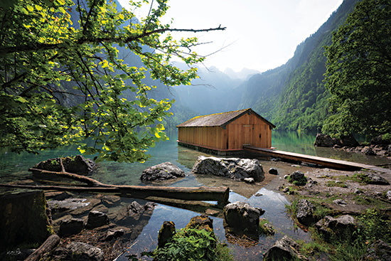 Martin Podt MPP1306 - MPP1306 - Mountain Lake Boathouse - 18x12 landscape, botanical, travel, lake & lodge, trees, path, greenery, leaves, transportation, mountain, fjord, boathouse, wooden, tranquil, pristine, moody, photography, green from Penny Lane