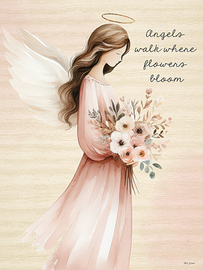 Nicole DeCamp ND1006 - ND1006 - Angels Walk Where Flowers Bloom - 12x16 angel with long brown hair in pink gown holding bouquet, text angels walk where flowers bloom, elegant and serene design from Penny Lane
