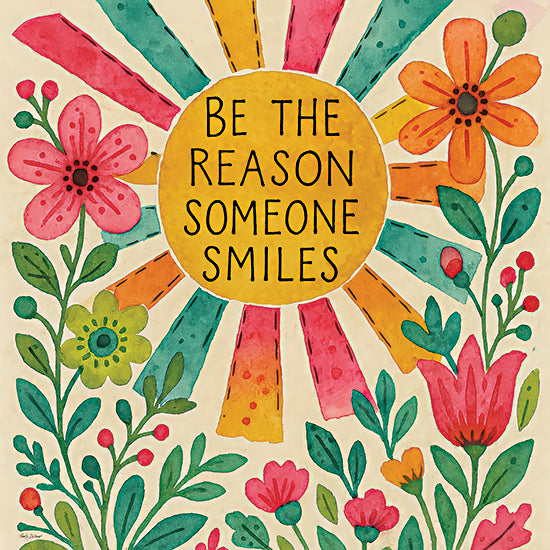 Nicole DeCamp ND1032 - ND1032 - Be the Reason - 12x12 be the reason someone smiles inspirational quote, colorful flowers, sunburst design, cheerful folk art illustration, motivational typography, bright floral garden art from Penny Lane