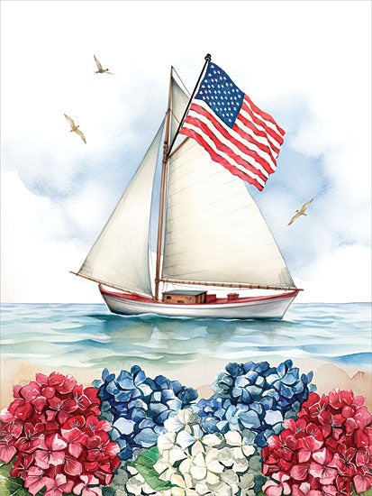 Nicole DeCamp ND1088 - ND1088 - Patriotic Sailboat - 12x16 patriotic & americana, coastal, botanical, animals, holidays & seasonal, flags & stars, nautical, floral, birds, 4th of july, sailboat, ocean, hydrangeas, seagulls, summer, painterly, whimsical, watercolor, multicolor from Penny Lane