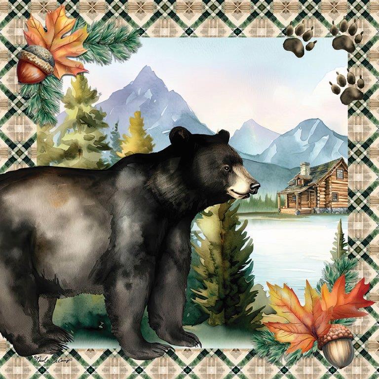 Nicole DeCamp ND202 - ND202 - Black Bear and Cabin - 12x12 Lodge, Bear, Black Bear, Fall, Log Cabin, Mountains, Trees, Plaid Border, Acorns, Leaves, Pine Needles, Lake from Penny Lane