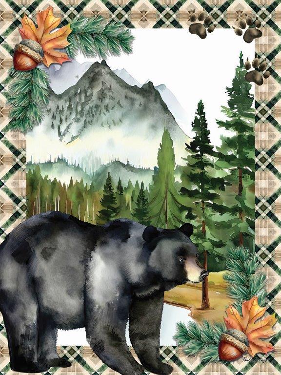 Nicole DeCamp ND203 - ND203 - Black Bear in Woods - 12x16 Lodge, Bear, Black Bear, Fall, Landscape, Mountains, Trees, Plaid Border, Acorns, Leaves, Pine Needles, Lake from Penny Lane