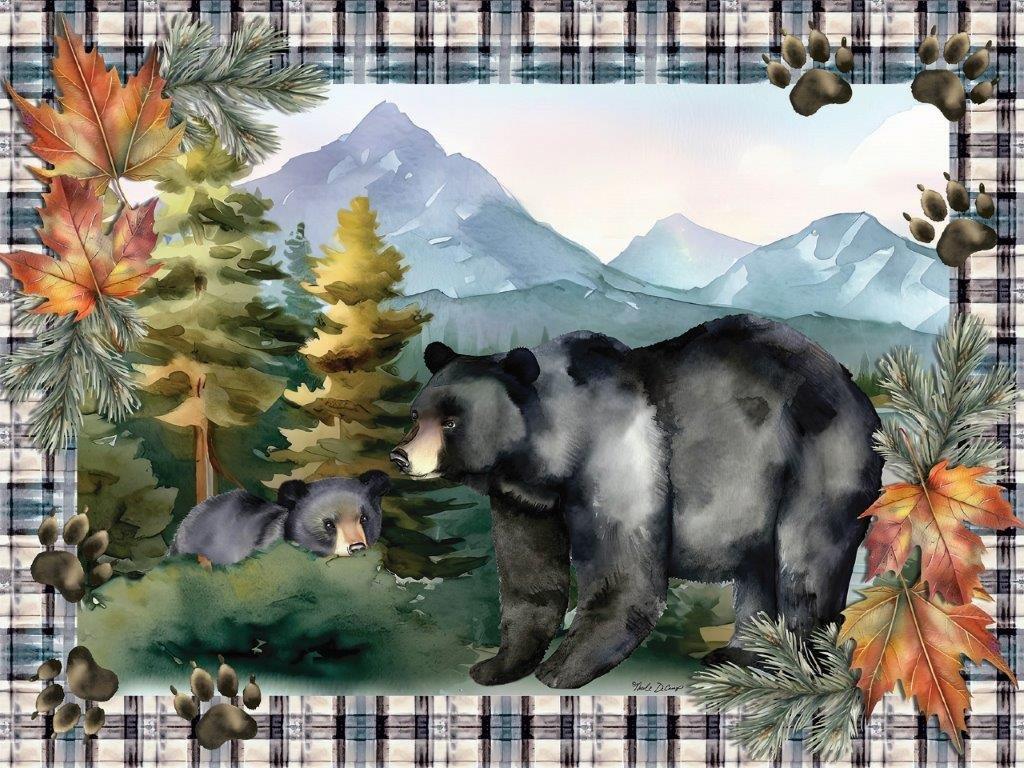 Nicole DeCamp ND205 - ND205 - Black Bear with Hiding Cub - 16x12 Lodge, Bears, Black Bears, Mother and Cub, Fall, Landscape, Mountains, Trees, Plaid Border, Pawprints, Acorns, Leaves, Pine Needles, Lake from Penny Lane