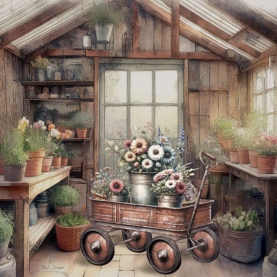 Nicole DeCamp ND403 - ND403 - In the Garden Floral Wagon - 12x12 Still Life, Garden, Garden Shed, Plants, Wagon, Rusty Wagon, Galvanized Pails, Flowers, Potted Flowers, Shelves, Spring, Baskets, Green Plants, Garden Tools, Spring from Penny Lane