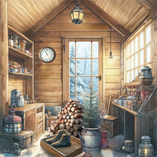 Nicole DeCamp ND555 - ND555 - Whispering Pines Cabin - 12x12 Winter, Cabin, Christmas, Holidays, Potted Christmas Tree, Logs, Desk, Door, Room from Penny Lane