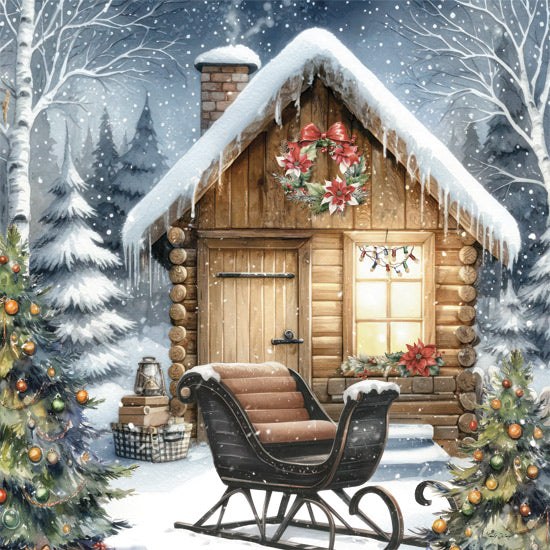 Nicole DeCamp ND556 - ND556 - Christmas Cabin with Sleigh - 12x12 Winter, Christmas, Holidays, Cabin, Log Cabin, Sleigh, Christmas Trees, Ornaments, Wreath, Christmas Decorations, Snow from Penny Lane