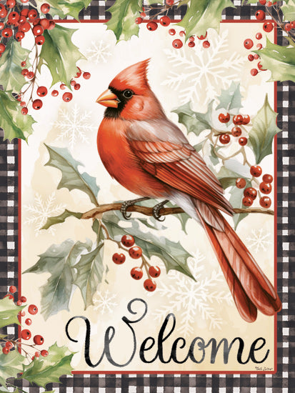 Nicole DeCamp ND657 - ND657 - Christmas Cardinal and Holly Berries - 12x16 Christmas, Cardinal, Holly, Berries, Red Berries, Welcome, Typography, Signs, Textual Art, Black & White Plaid, Border, Winter, Snowflakes from Penny Lane