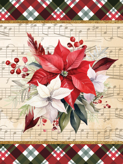 Nicole DeCamp ND660 - ND660 - Poinsettias on Sheet Music - 12x16 Christmas, Holidays, Flowers, Poinsettias, Berries, Bouquet, Sheet Music, Plaid, Gold from Penny Lane