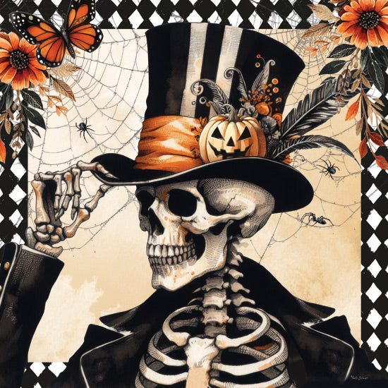 Nicole DeCamp ND666 - ND666 - Vintage Halloween Skeleton - 12x12 Halloween, Fall, Still Life, Skelton, Top Hat, Flowers, Jack O'lantern, Spiders, Spider's Web, Butterfly, Harlequin Border, Vintage from Penny Lane