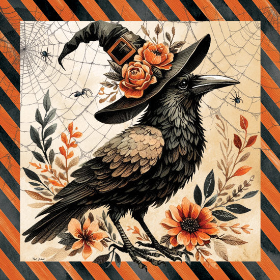 Nicole DeCamp ND667 - ND667 - Vintage Halloween Crow II - 12x12 Halloween, Still Life, Fall, Crow, Witch's Hat, Pumpkins, Flowers, Berries, Greenery, Spider's Web, Spiders, Vintage, Black & Orange Border from Penny Lane