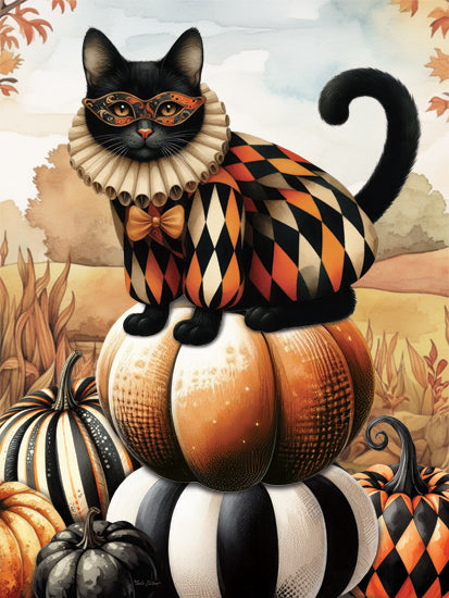 Nicole DeCamp ND669 - ND669 - Vintage Halloween Cat on Pumpkins - 12x16 Halloween, Still Life, Fall, Cat, Pumpkins, Patterned Pumpkins, Whimsical, Landscape from Penny Lane