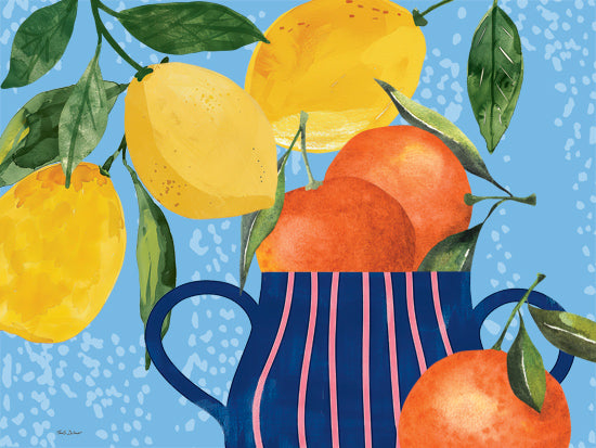 Nicole DeCamp ND853 - ND853 - Citrus Fruit Pitcher - 16x12 lemons and oranges in blue pitcher, citrus fruit, green leaves, bright composition, kitchen still life, painterly art from Penny Lane