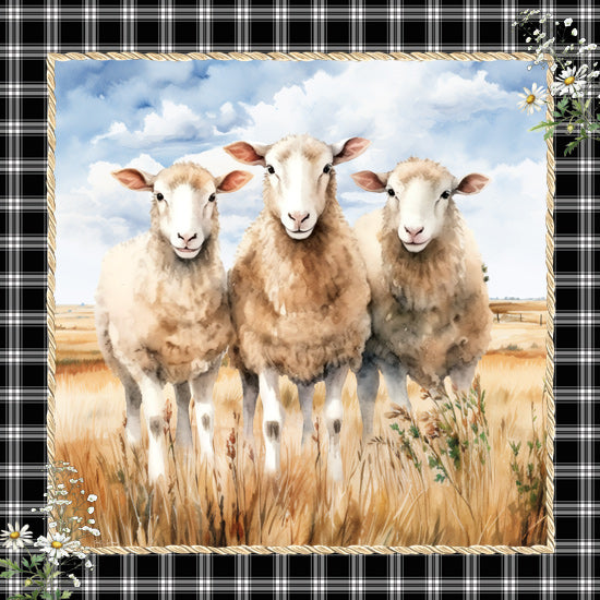 Nicole DeCamp ND890 - ND890 - The Watchful Sheep - 12x12 sheep trio in field, rustic plaid border, country landscape, farmhouse decor from Penny Lane
