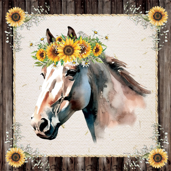 Nicole DeCamp ND894 - ND894 - Sunflower Horse - 12x12 horse portrait with floral crown, sunflower wreath, rustic wood frame, farmhouse decor from Penny Lane