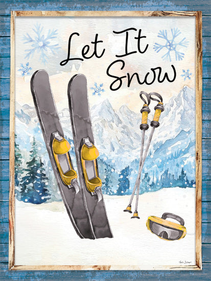Nicole DeCamp ND915 - ND915 - Let It Snow - 12x16 vintage skis and ski poles with snowy mountain landscape, winter sports lodge sign, let it snow text, alpine illustration, snowflakes, ski goggles, rustic frame, mountain resort decor from Penny Lane