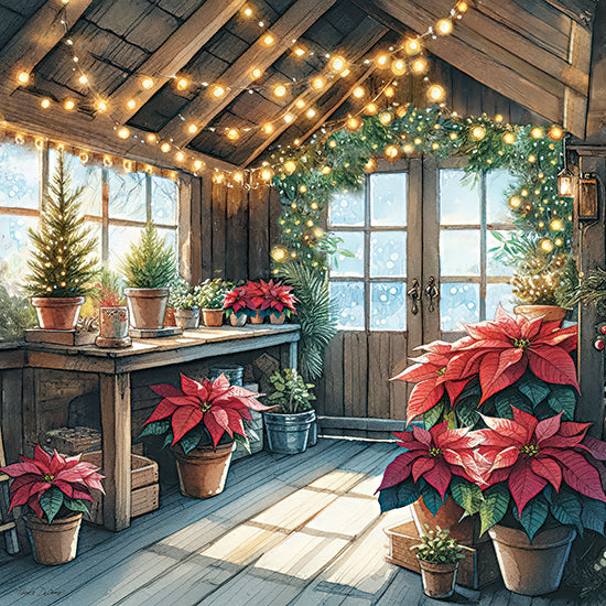 Nicole DeCamp ND933 - ND933 - Poinsettia Garden Shed - 12x12 cozy greenhouse interior with poinsettia plants, Christmas holiday decor, warm string lights, rustic potting shed, winter garden scene, festive red flowers, cottage greenhouse illustration from Penny Lane