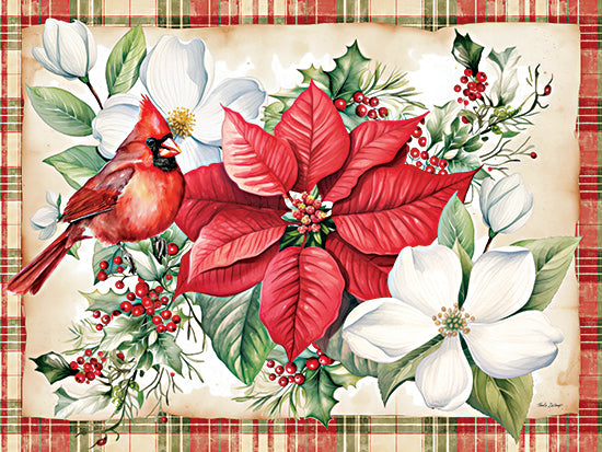 Nicole DeCamp ND949 - ND949 - Poinsettia Perch - 16x12 poinsettia floral arrangement, cardinal bird, holly berries, plaid background, holiday florals, festive illustration, winter botanicals from Penny Lane