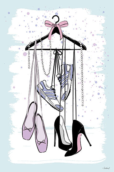 Martina Pavlova PAV594 - PAV594 - Casual Meets Couture - 12x18 fashion, still life, shoes, sneakers, ballet flats, high heels, pearl necklace, bow, hanger, splatter background, feminine, whimsical, digital illustration, multicolor from Penny Lane