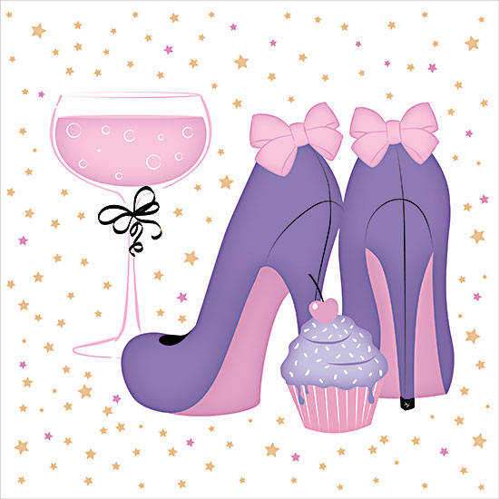 Martina Pavlova PAV595 - PAV595 - Party Heels - 12x12 fashion, food & drink, still life, backgrounds & patterns, baked goods, wine & spirits, high heels, cupcake, wine glass, bows, stars, cherry, feminine, whimsical, digital illustration, multicolor from Penny Lane