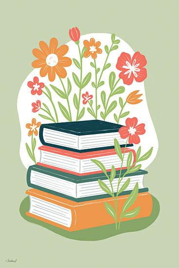 Martina Pavlova PAV601 - PAV601 - Blooming Books - 12x18 botanical, hobbies & entertainment, still life, floral, greenery, literature, poppies, stacked books, reading, spring, nature, whimsical, decorative, digital illustration, green from Penny Lane