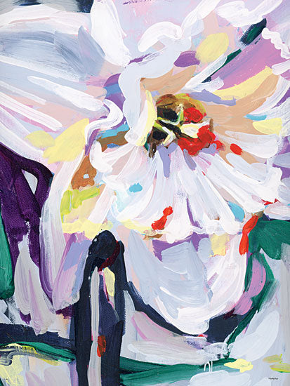 Painting Paige PP117 - PP117 - March Birth Flower - 12x16 white blossom abstract, oversized petals, loose gestural painting, lilac gray background, cropped flower center, expressive acrylic strokes, minimalist botanical form, contemporary floral abstraction, soft modern wall art, painterly bloom from Penny Lane