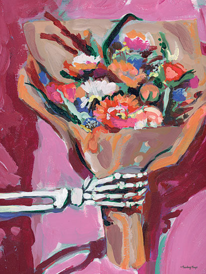 Painting Paige PP150 - PP150 - Skele-Hand Me Flowers - 12x16 skeleton hand bouquet, floral bouquet, pink background, spooky chic, Halloween floral art, bones and blossoms, edgy still life, whimsical gothic decor, roses and wildflowers, feminine pink palette, playful macabre, contemporary acrylic painting, textured brush strokes, quirky seasonal art, hand-held flowers from Penny Lane