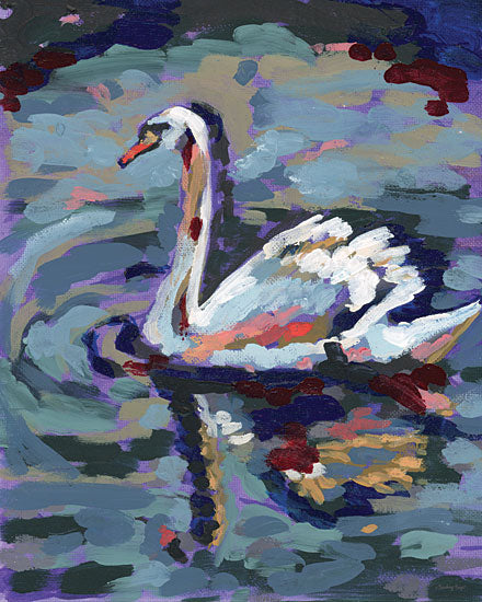 Painting Paige PP158 - PP158 - Swan at Midnight - 12x16 single swan on dark water, moody lake, white bird reflection, dusk palette, serene aquatic scene, elegant wildlife art, deep blue purple tones, contemplative mood, impressionistic brushwork, textured painterly surface, romantic lake decor, graceful neck, quiet water ripples, swan portrait, atmospheric nature painting from Penny Lane
