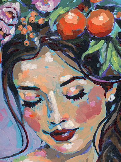 Painting Paige PP164 - PP164 - Sicilian Summer Crown - 12x16 feminine face portrait, floral crown, peaches or oranges, fruit headpiece, closed eyes, rosy cheeks, dark flowing hair, serene expression, bohemian beauty, whimsical feminine art, contemporary portrait, floral and fruit composition, pastel and jewel tones, bold acrylic texture, painterly brushwork, romantic decor from Penny Lane
