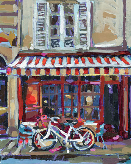 Painting Paige PP171 - PP171 - Paris Café Stop - 12x16 travel, food & drink, city, architecture, places & cities, transportation, bicycle, cafe, street scene, awning, window, european, painterly, decorative, acrylic, multicolor from Penny Lane