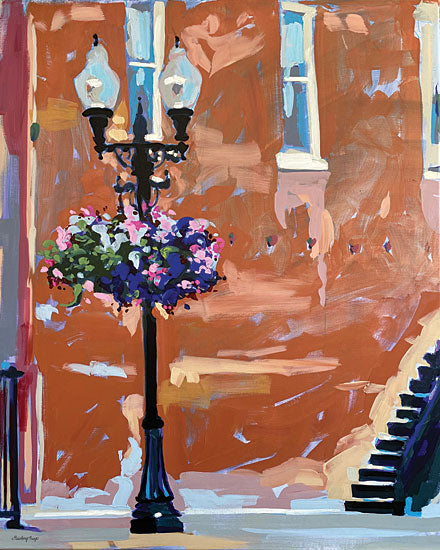 Painting Paige PP187 - PP187 - Main Street Blooms - 12x16 travel, botanical, city, architecture, floral, street scene, street light, hanging basket, windows, stairs, painterly, contemporary, acrylic, brown from Penny Lane