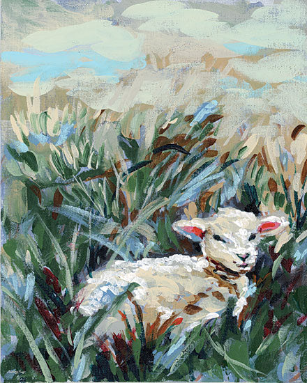 Painting Paige PP207 - PP207 - Wild Grass Lamb - 12x16 animals, botanical, landscape, farm animals, greenery, rural, sky, lamb, meadow, reeds, clouds, spring, painterly, whimsical, gouache, multicolor from Penny Lane