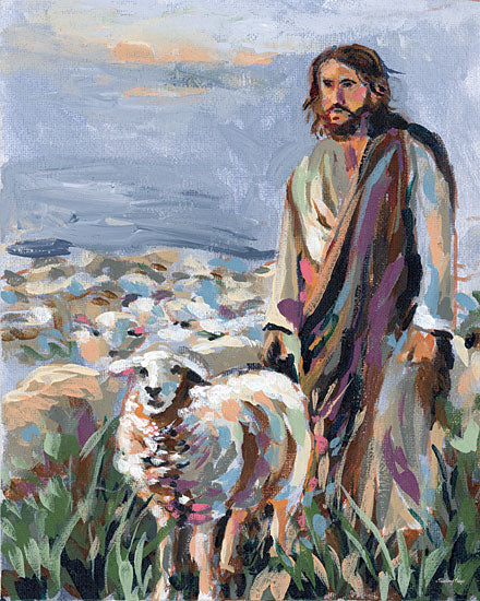 Painting Paige PP210 - PP210 - Among His Flock - 12x16 religious & spiritual, animals, figurative, landscape, farm animals, jesus, shepherd, sheep, christian, biblical, hills, grass, painterly, moody, acrylic, multicolor from Penny Lane
