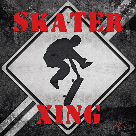 Lauren Rader RAD1628 - RAD1628 - Skater Crossing - 12x12 hobbies & entertainment, typography, backgrounds & patterns, symbols & icons, sports, signs, word art, skateboard, skateboarder, grunge, caution, warning, contemporary, moody, digital illustration, gray from Penny Lane