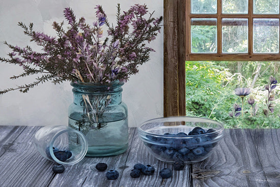 Robin-Lee Vieira RLV742 - RLV742 - Blueberry Morning - 18x12 blueberries, fresh fruit, glass bowl, spilled berries, mason jar, purple wildflowers, rustic window, farmhouse kitchen, still life photography, blue tones, wooden table, cottage decor, natural light, garden view, food styling, summer berries, floral accent from Penny Lane