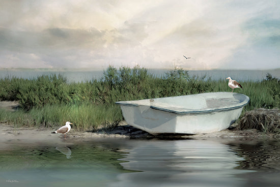 Robin-Lee Vieira RLV814 - RLV814 - The Rising Tide - 18x12 white rowboat on marsh shore, seagulls, coastal grasses, soft sky, quiet shoreline, beach marshland, tranquil seaside, coastal wildlife, reflective water from Penny Lane