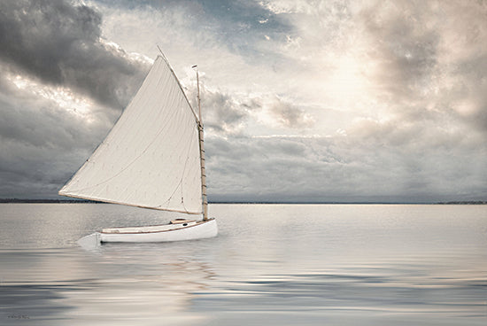 Robin-Lee Vieira RLV818 - RLV818 - Sea Change - 18x12 white sailboat on calm water, cloudy sky, serene ocean, nautical sailing vessel, quiet seascape, reflective water, minimal marine scene from Penny Lane