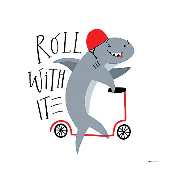 Rachel Nieman RN615 - RN615 - Roll With It Shark - 12x12 Children, Cartoon, Whimsical, Shark, Scooter, Helmet, Roll with It, Typography, Signs, Textual Art from Penny Lane