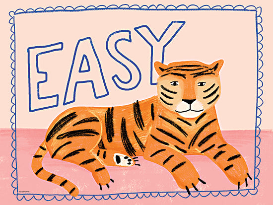 Rachel Nieman RN762 - RN762 - Easy Tiger - 16x12 animals, typography, backgrounds & patterns, wildlife, word art, tiger, easy, scalloped border, whimsical, decorative, digital illustration, orange from Penny Lane