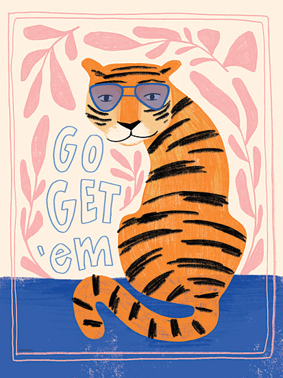 Rachel Nieman RN763 - RN763 - Go Get 'Em Tiger - 12x16 animals, typography, botanical, wildlife, stylized animals, inspirational, word art, leaves, tiger, sunglasses, motivational, whimsical, folk art, digital illustration, orange from Penny Lane