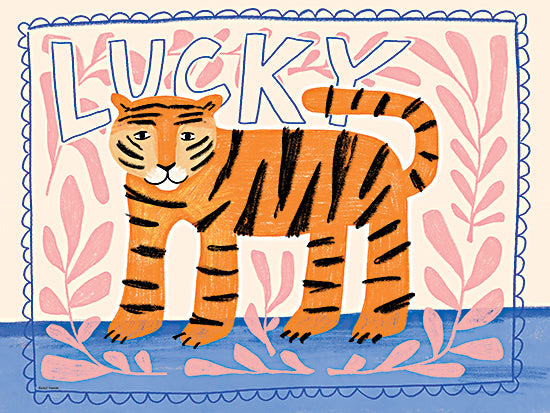 Rachel Nieman RN764 - RN764 - Lucky Tiger - 16x12 animals, backgrounds & patterns, botanical, typography, wildlife, stylized animals, leaves, word art, tiger, foliage, stripes, jungle, good luck, frame, whimsical, decorative, gouache, multicolor from Penny Lane